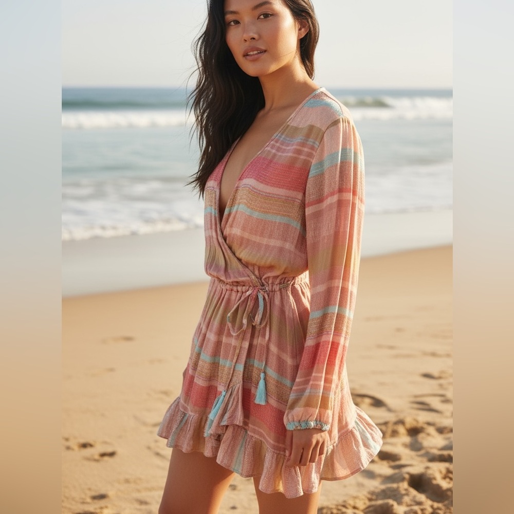 blue island Multi-Stripe Pink Coral Beach Coverup with Tassel Drawstring